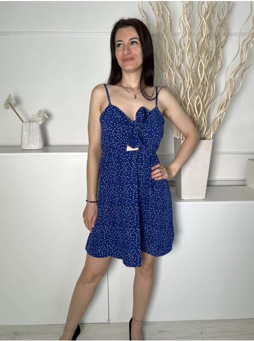 Shein (XS) Királykék Fehér Pöttyös, Mellnél Megkötős Gumisderekú, Állítható Pántú Ruha