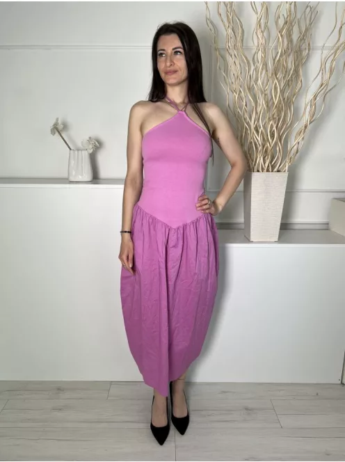 Új ZARA (S) Rózsaszín Hátul Nyakban Megkötős 100% Pamut Alapanyagú Ruha