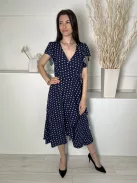 Shein (S) Sötétkék Fehér Pöttyös, Gumisderekú Díszlapolűsú, Oldalt Megkötős Ruha