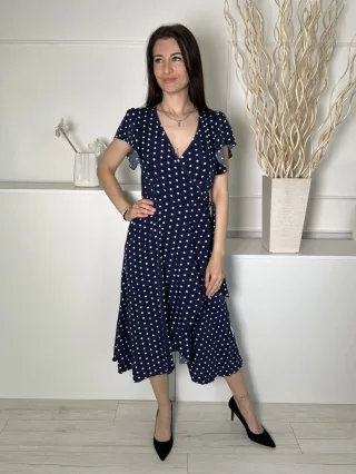   Shein (S) Sötétkék Fehér Pöttyös, Gumisderekú Díszlapolűsú, Oldalt Megkötős Ruha