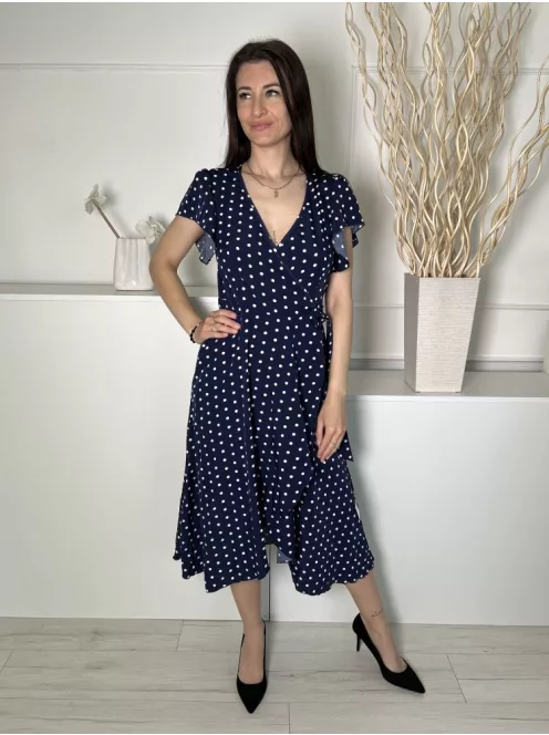 Shein (S) Sötétkék Fehér Pöttyös, Gumisderekú Díszlapolűsú, Oldalt Megkötős Ruha