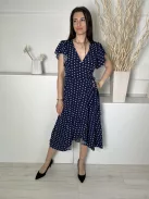 Shein (S) Sötétkék Fehér Pöttyös, Gumisderekú Díszlapolűsú, Oldalt Megkötős Ruha