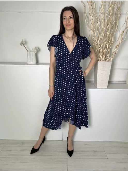 Shein (S) Sötétkék Fehér Pöttyös, Gumisderekú Díszlapolűsú, Oldalt Megkötős Ruha