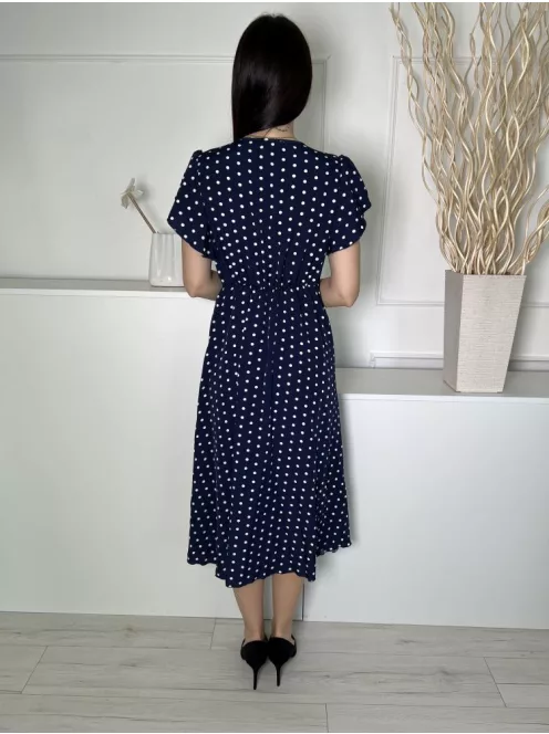 Shein (S) Sötétkék Fehér Pöttyös, Gumisderekú Díszlapolűsú, Oldalt Megkötős Ruha