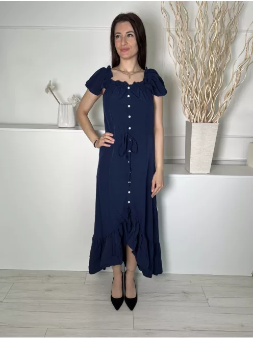Új Yidarton (S) Sötétkék ELŐL Végig Gombos, Derékban Megkötős Fodros Aljú Ruha