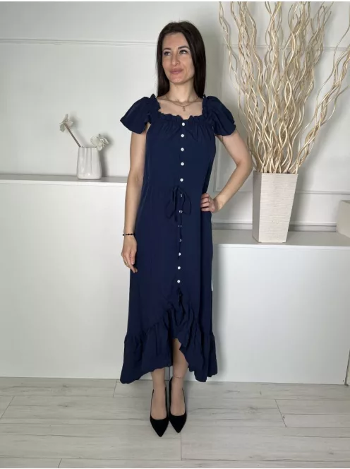 Új Yidarton (S) Sötétkék ELŐL Végig Gombos, Derékban Megkötős Fodros Aljú Ruha
