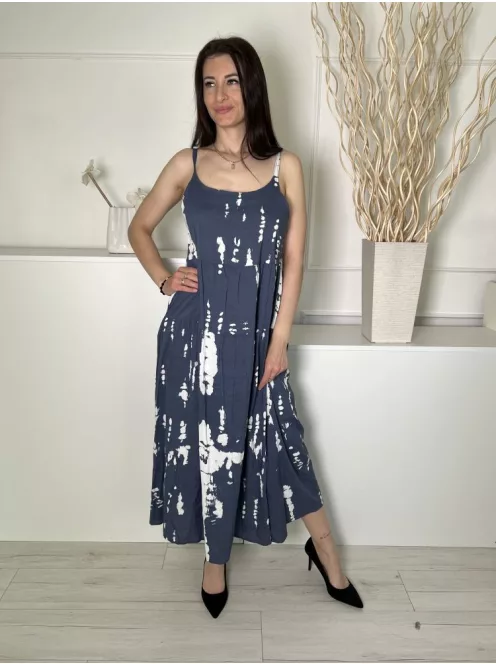  (S) Borongóskék Fehér Mintás, 100% Pamut Zsebes, Pántos Ruha