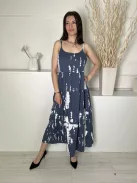  (S) Borongóskék Fehér Mintás, 100% Pamut Zsebes, Pántos Ruha