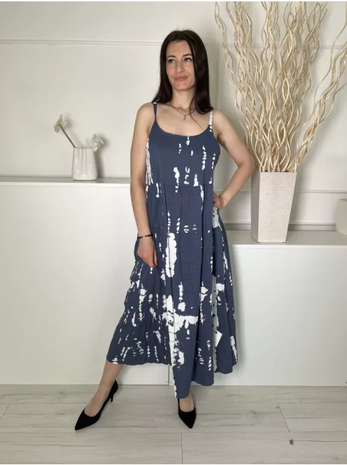  (S) Borongóskék Fehér Mintás, 100% Pamut Zsebes, Pántos Ruha