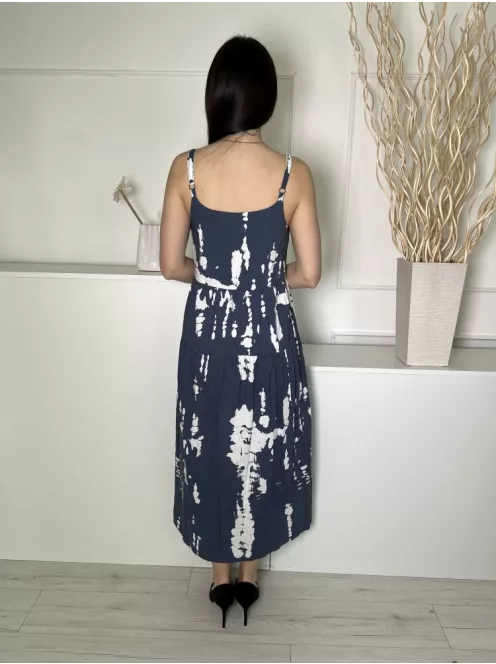  (S) Borongóskék Fehér Mintás, 100% Pamut Zsebes, Pántos Ruha