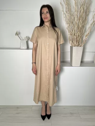   Primark (S) Homokszínű Elől Végig Gombos, Galléros Felvarrt Ujjvégű, 88% Pamut és 12% Len Alapanyagú Ruha