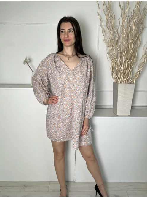 H&M (S) Drapp Színes Mintás, 100% Pamut V Kivágású, Bőfazonú Ruha