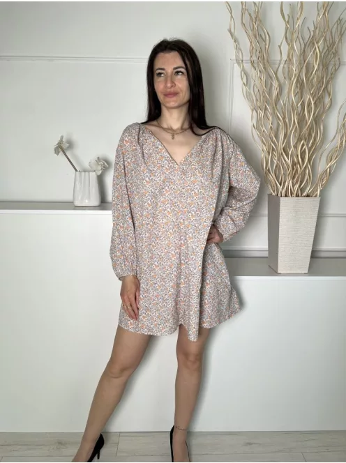 H&M (S) Drapp Színes Mintás, 100% Pamut V Kivágású, Bőfazonú Ruha