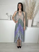 River Island (S) Zöld-Lila-Barna Színes Mintás, Hátul Nyakban Megkötős Hátul Nyitott, Lenge Fazonú Ruha