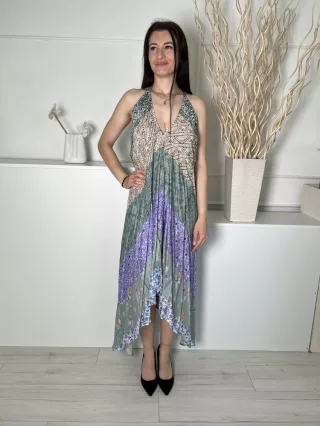   River Island (S) Zöld-Lila-Barna Színes Mintás, Hátul Nyakban Megkötős Hátul Nyitott, Lenge Fazonú Ruha