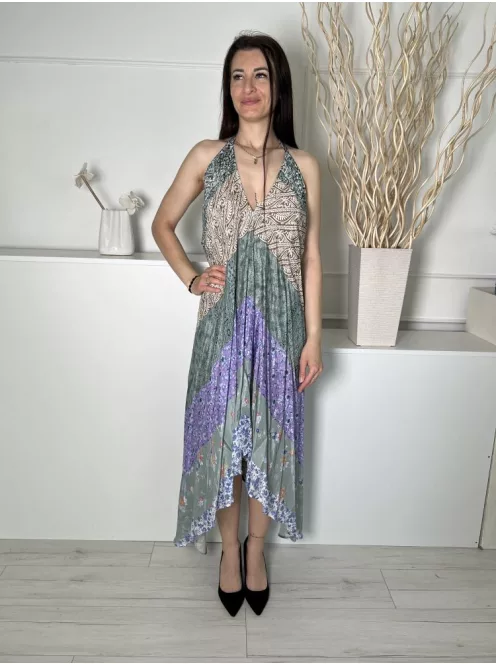 River Island (S) Zöld-Lila-Barna Színes Mintás, Hátul Nyakban Megkötős Hátul Nyitott, Lenge Fazonú Ruha