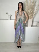 River Island (S) Zöld-Lila-Barna Színes Mintás, Hátul Nyakban Megkötős Hátul Nyitott, Lenge Fazonú Ruha