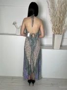 River Island (S) Zöld-Lila-Barna Színes Mintás, Hátul Nyakban Megkötős Hátul Nyitott, Lenge Fazonú Ruha