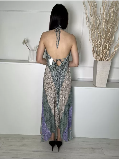 River Island (S) Zöld-Lila-Barna Színes Mintás, Hátul Nyakban Megkötős Hátul Nyitott, Lenge Fazonú Ruha