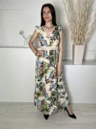 In Vogue (S) Drapp Színes Mintás, Hátul Cipzáros Derékban Horgoltmintás, Fodros Vállú Ruha