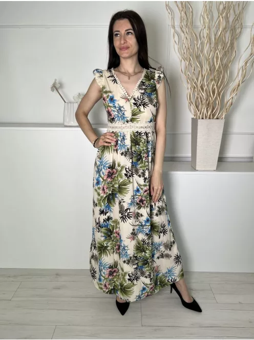 In Vogue (S) Drapp Színes Mintás, Hátul Cipzáros Derékban Horgoltmintás, Fodros Vállú Ruha