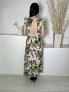 In Vogue (S) Drapp Színes Mintás, Hátul Cipzáros Derékban Horgoltmintás, Fodros Vállú Ruha