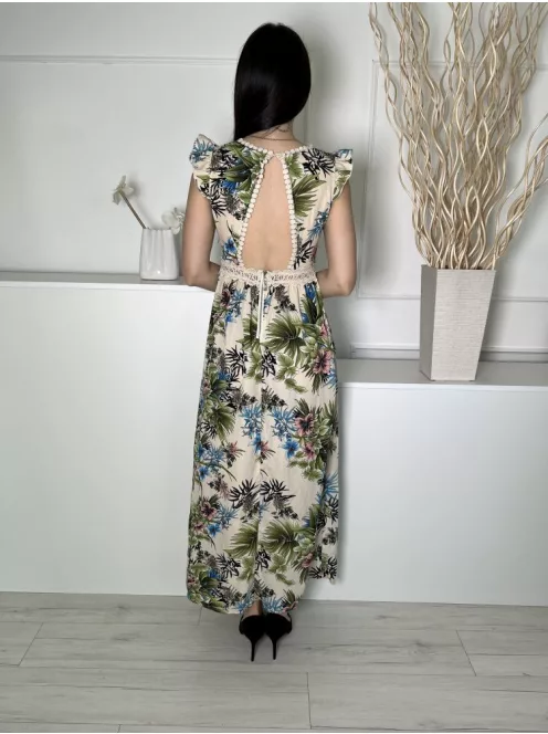 In Vogue (S) Drapp Színes Mintás, Hátul Cipzáros Derékban Horgoltmintás, Fodros Vállú Ruha