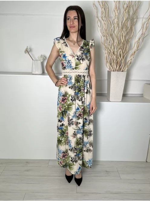 In Vogue (S) Drapp Színes Mintás, Hátul Cipzáros Derékban Horgoltmintás, Fodros Vállú Ruha