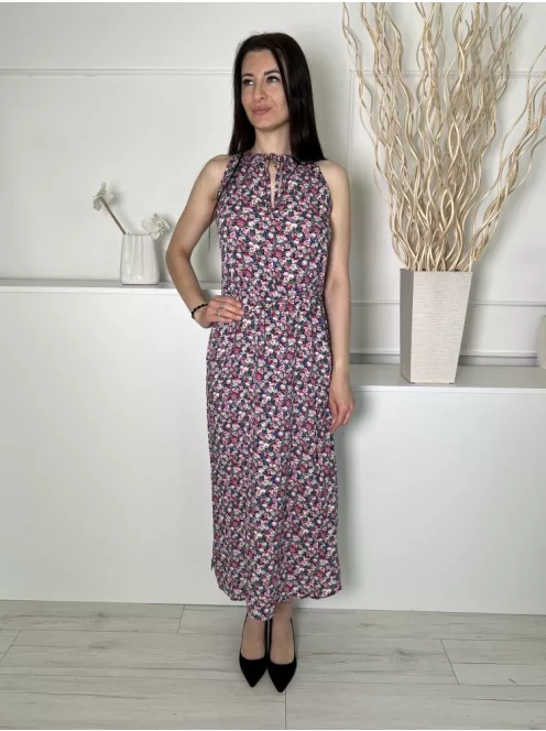 Oasis (M) Fekete Kék-Rózsaszín Virágos, Nyakban Megköthető Szoknyarészben Átlapolt Ruha