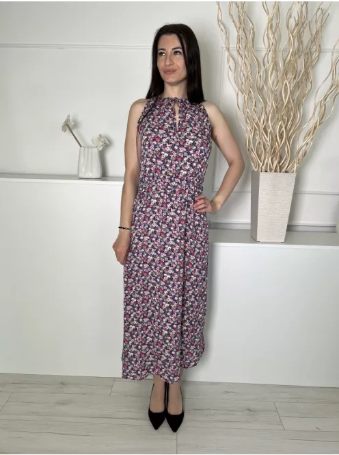 Oasis (M) Fekete Kék-Rózsaszín Virágos, Nyakban Megköthető Szoknyarészben Átlapolt Ruha