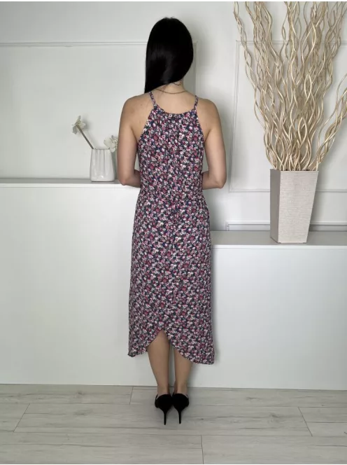 Oasis (M) Fekete Kék-Rózsaszín Virágos, Nyakban Megköthető Szoknyarészben Átlapolt Ruha