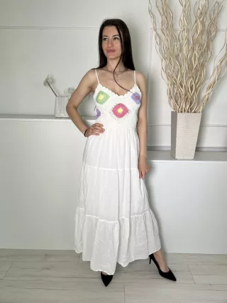   Stradivarius (S) Fehér Felül Horgoltmintás, Darázsolt Pántos, Bélelt, 100% Pamut Ruha