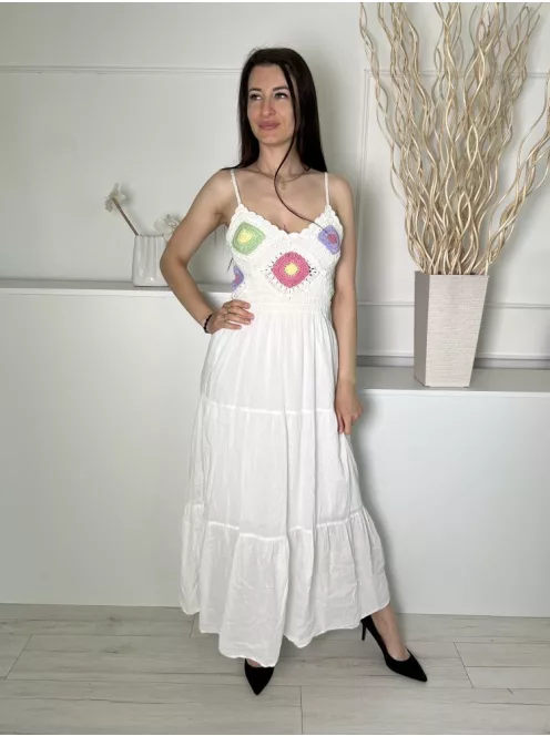 Stradivarius (S) Fehér Felül Horgoltmintás, Darázsolt Pántos, Bélelt, 100% Pamut Ruha