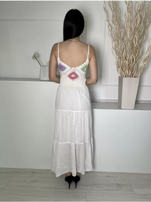 Stradivarius (S) Fehér Felül Horgoltmintás, Darázsolt Pántos, Bélelt, 100% Pamut Ruha