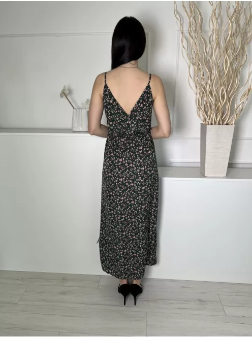 Shein (S) Sötétzöld Apró Virágos, Oldalt Sliccelt Gumisderekú, Pántos Ruha