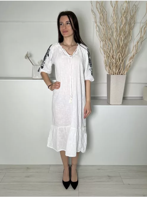 Primark (S) Fehér Nyakban Megköthető, Ujján Fekete Hímzett Mintás 100% Pamut Alapanyagú Ruha