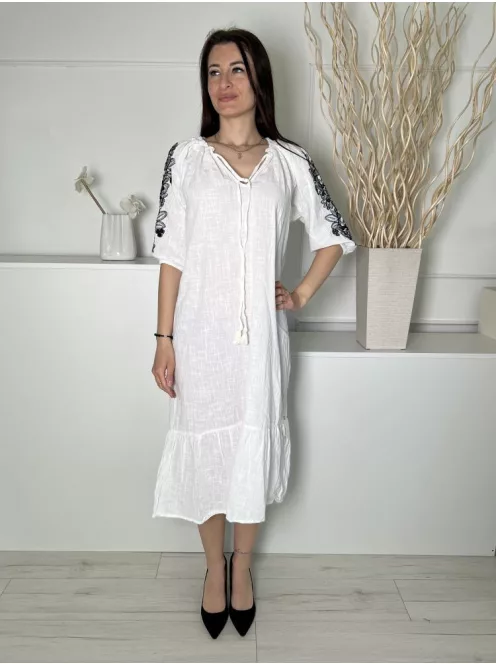 Primark (S) Fehér Nyakban Megköthető, Ujján Fekete Hímzett Mintás 100% Pamut Alapanyagú Ruha