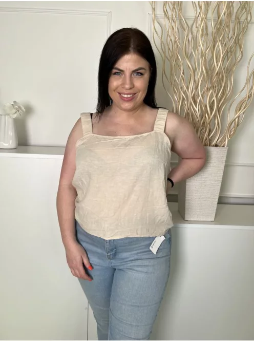 ÚJ Primark (L) Homokszínű Gumírozott Pántú 54% Len és 15% Pamut Alapanyagú Felső