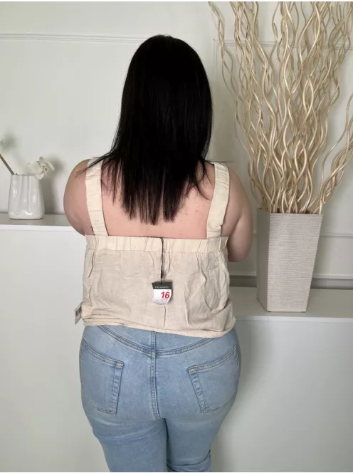 ÚJ Primark (L) Homokszínű Gumírozott Pántú 54% Len és 15% Pamut Alapanyagú Felső