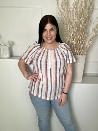   Damart (L) Fehér Színes Csíkos, 100% Pamut Mellnél Gombos, Nyakánál Gumírozott Felső