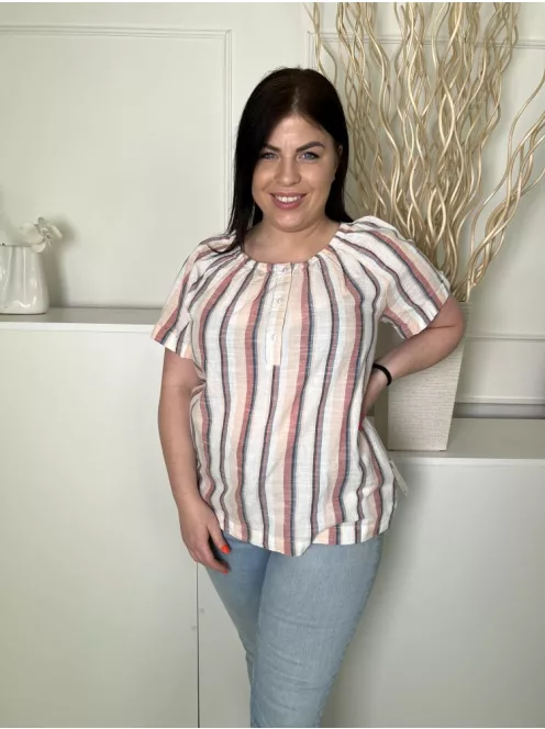 Damart (L) Fehér Színes Csíkos, 100% Pamut Mellnél Gombos, Nyakánál Gumírozott Felső