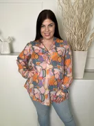 Banditas (L) Türkíz-Narancs-Barack Mintás,, Mellnél Gombos 100% Pamut Alapanyagú Felső
