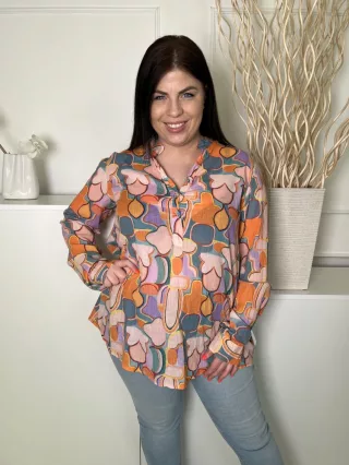   Banditas (L) Türkíz-Narancs-Barack Mintás,, Mellnél Gombos 100% Pamut Alapanyagú Felső
