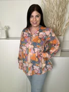 Banditas (L) Türkíz-Narancs-Barack Mintás,, Mellnél Gombos 100% Pamut Alapanyagú Felső