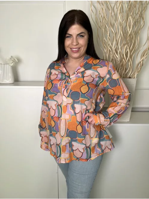 Banditas (L) Türkíz-Narancs-Barack Mintás,, Mellnél Gombos 100% Pamut Alapanyagú Felső