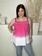 George (XL) Rózsaszín-Fehér Mellnél Darázsolt, Fodros Szegélyes Pántos, 100% Pamut Alapanyagú Felső