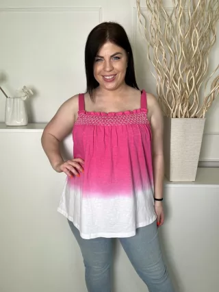   George (XL) Rózsaszín-Fehér Mellnél Darázsolt, Fodros Szegélyes Pántos, 100% Pamut Alapanyagú Felső