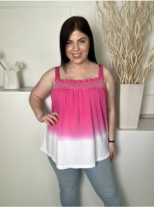 George (XL) Rózsaszín-Fehér Mellnél Darázsolt, Fodros Szegélyes Pántos, 100% Pamut Alapanyagú Felső