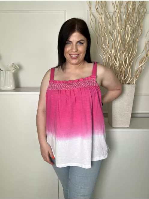 George (XL) Rózsaszín-Fehér Mellnél Darázsolt, Fodros Szegélyes Pántos, 100% Pamut Alapanyagú Felső