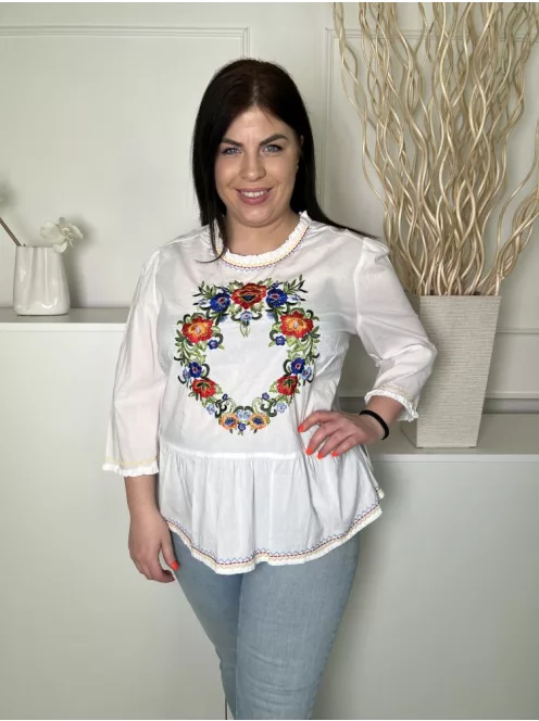 Falmer (XL) Fehér Színes Hímzett Mintás Hátul Nyakban Gombos, 100% Pamut Felső